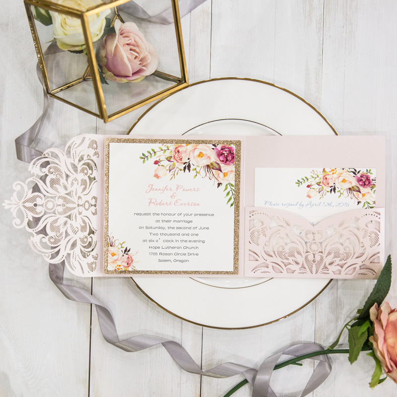 Blush Pink romantische Blumen Trifold Hochzeitskarte Glitzer Rosegold TPI024